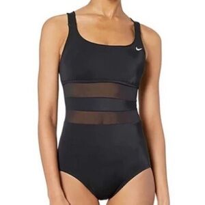 NIKE Mesh V-Back One Piece Swimsuit Black Large L NEW NWT